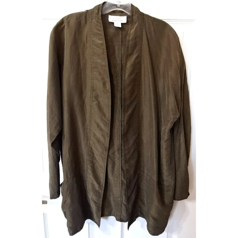 Silk Studio Claude Bennett 12 Olive Skirt Suit Open Jacket 100% Silk
